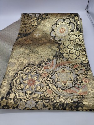 Unknown Gold thread on black background Flowers and birds Fukuro obi