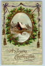1908 Christmas House Snow Winter Scene Holly Berries Clapsaddle Antique Postcard