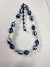 Blue Faux Pearl Moon Glow AB Crystal Beaded Choker Necklace Vintage