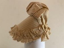 Antique Pink Stripe Doll Bonnet Ruffle Trim Prairie Doll Hat Victorian
