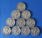 (10) 90% Silver - Junk Walking Liberty Halves: $5.00 Face Value - Circulated "W"
