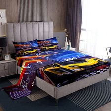 Blue Yellow Sports Car Set Race Car Bed Sheets for Boys Extreme Sports Beddin...