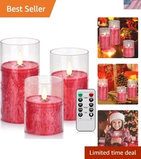 Battery-Operated Flameless Candle Set - Red LED Wax Pillars with Remote & Timer