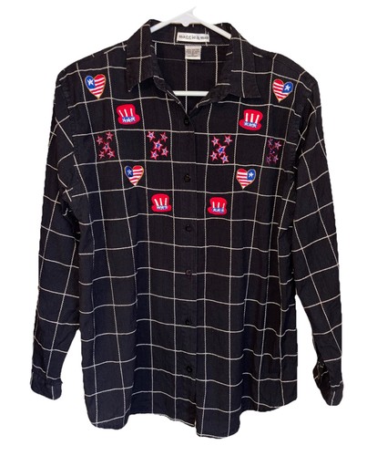 VTG Maggie & Max Women's Top Black Embroidered Patriotic USA 100% Cotton Medium - Image 1