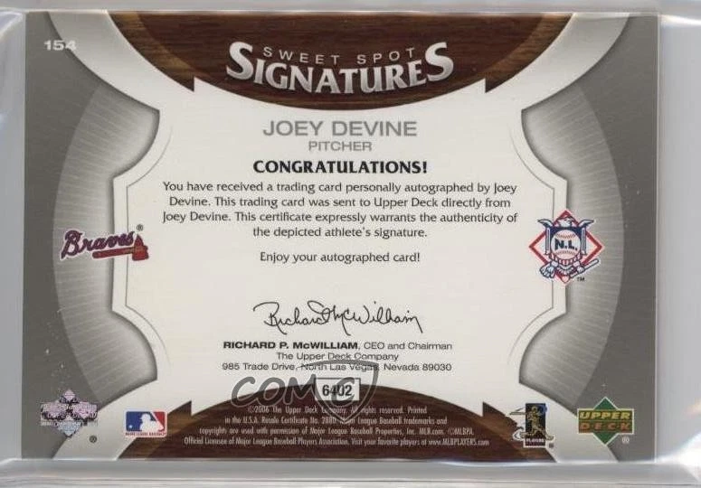 2006 Upper Deck Sweet Spot Signatures Red Stitch Blue Ink /150 Joey Devine Auto - Image 2 of 2