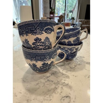 Vintage Arklow Willow Blue White Tea Cups lot of 4 Made in Ireland Chinoiserie