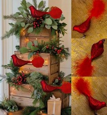Lot of 3 Red Cardinal Bird Ornaments Feather Tail Clip On VTG Christmas Decor