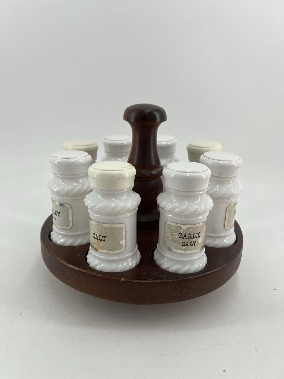 Vintage Round Wood Turntable Spice Rack 8 Milk Glass Rope Jars Original Labels