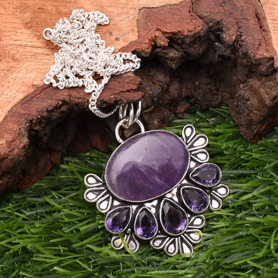 Ciondolo ametista in argento sterling 925 con pietre preziose fatte a mano 2,15" - Immagine 3 di 4
