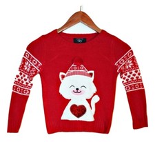 IT'S OUR TIME Girls Knit Sweater Size Large 6 Cute Kitty w/ Hat, Sequin Heart