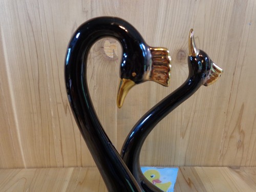 Black Swan Figurine Set of 2 Male Female Gold Accents 13" Art Pottery - Picture 2 of 7