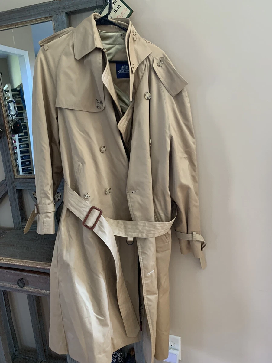 Stafford Men s Khaki Tan Double Breasted Collared Belted Trench