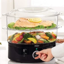 Two Tier Food Steamer Healthy Fast Simultaneous Cooking Stackable Baskets Auto
