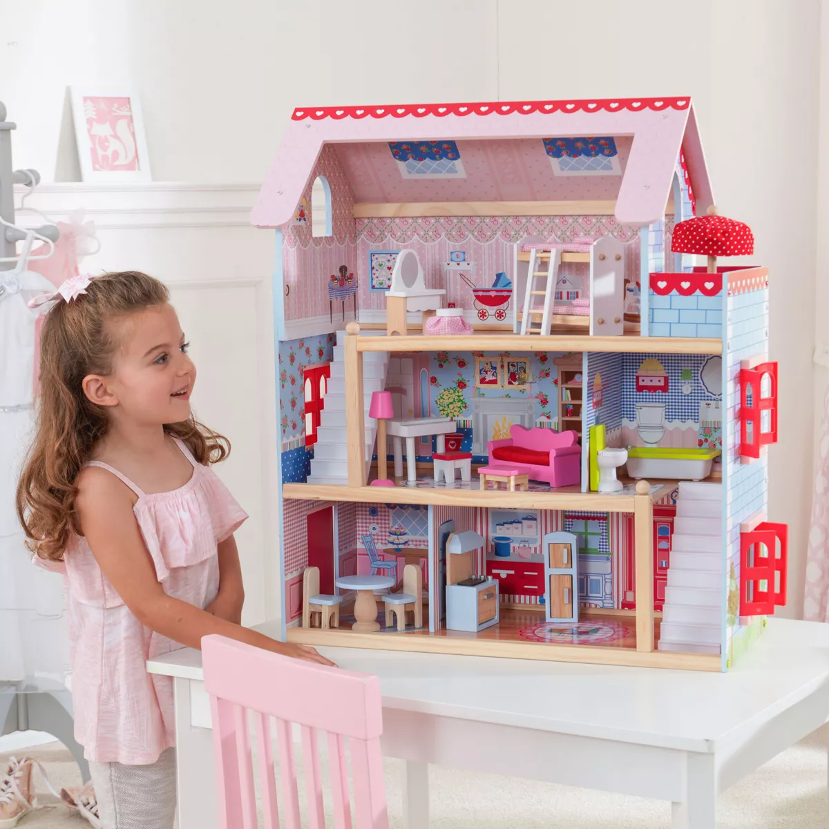 Wooden Doll House Toy with 16 Piece Doll-House Furniture Set