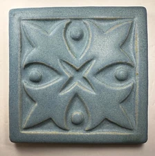 Art Nouveau Deco Fler De Lis Pottery Tile - Blue Matte Arts & Crafts Style