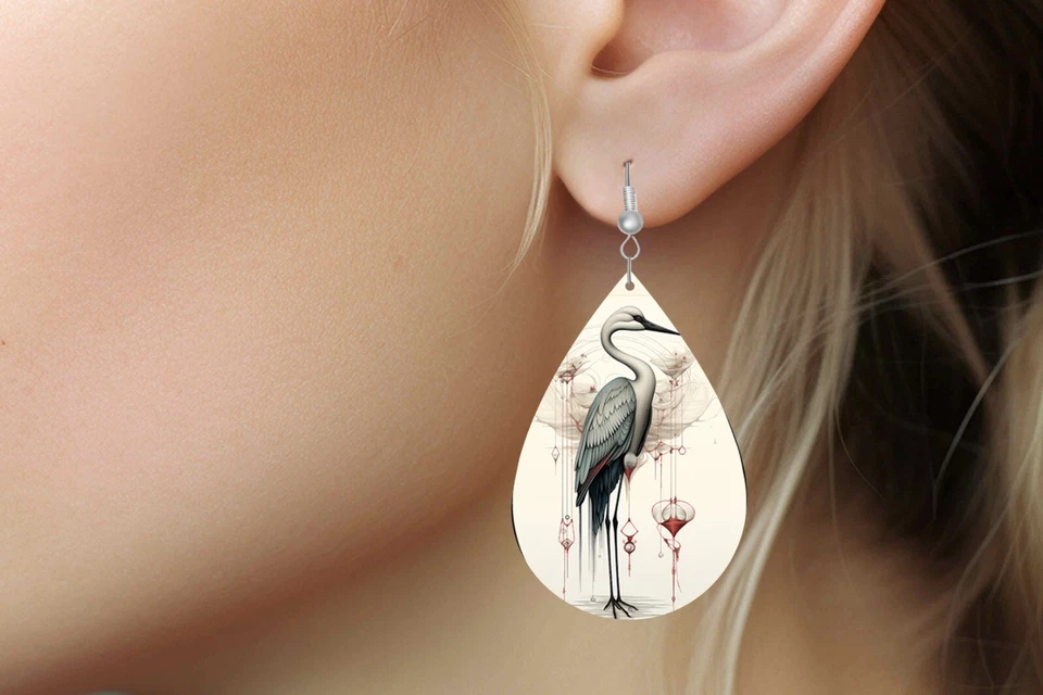 Crane Bird Print Wood Dangle Teardrop Print Earrings Jewelry - Image 4 of 4