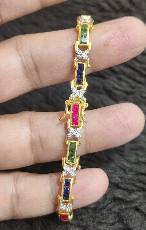 14K Gelbgold Plattiert Simulierte Rubin Saphir, Smaragd & Diamant Tennisarmband - Bild 3 von 4