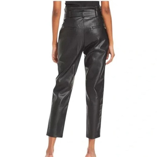 Lucy Paris Faux Leather Paperbag Pants Belted Straight Leg Trendy Grunge XS - Picture 2 of 10