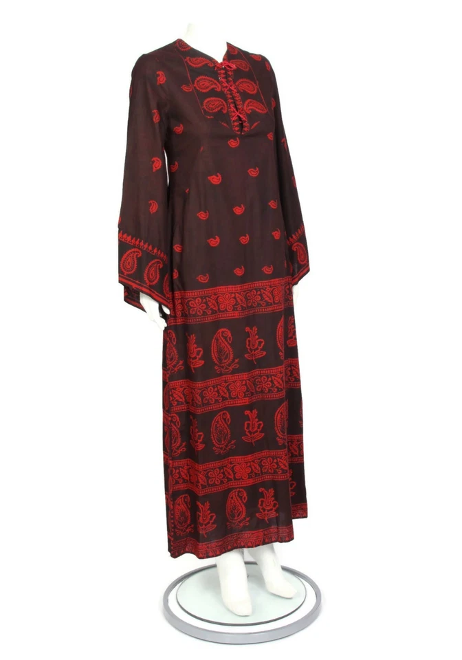 Maxi Vestido De Colección Años 70 Indio Marrón Rojo Cachemira Floral Corbata Frontal Manga Campana/842 Foto 3 de 4