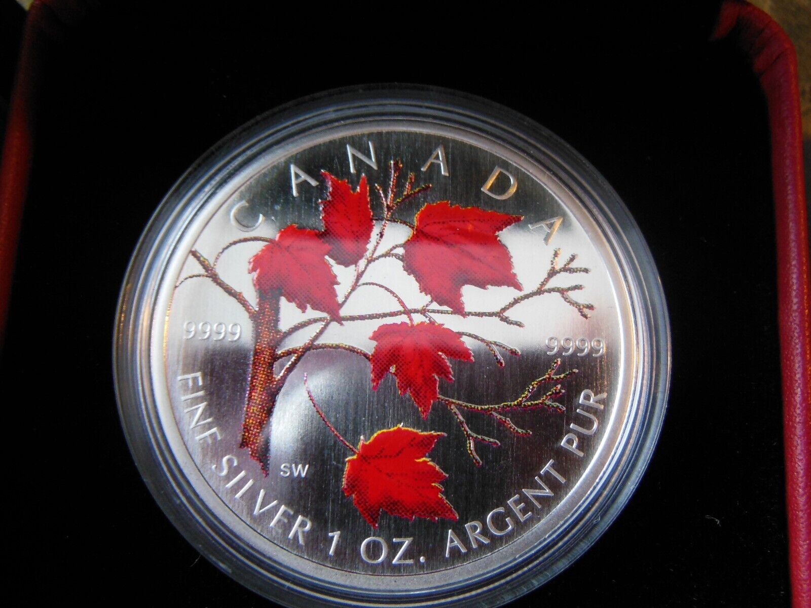 2004 SILVER CANADA $5 COLOURED MAPLE LEAF 1 OZ 9999 FINE COLOR COIN BOX COA