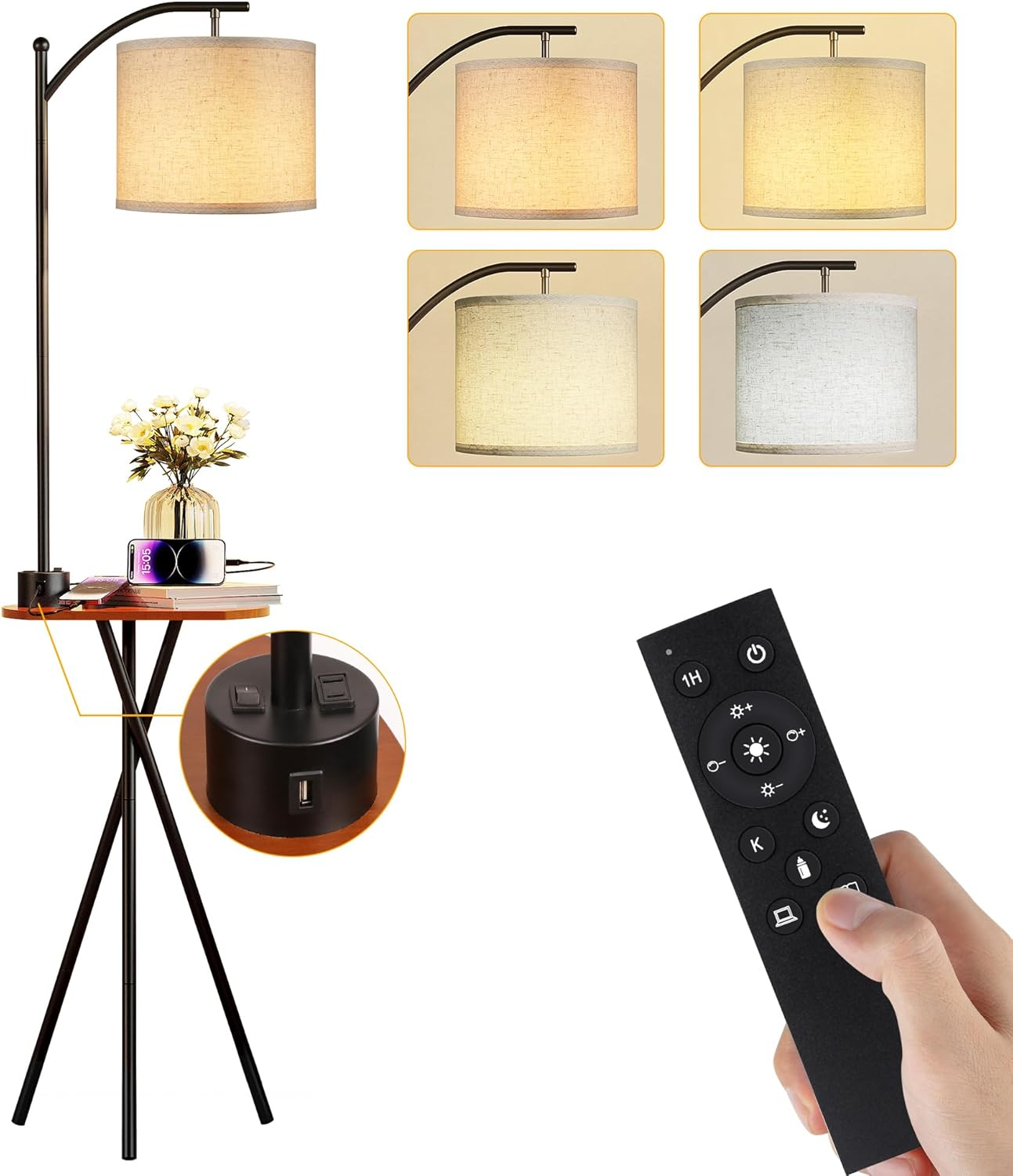 Modern Floor Lamp with End Table, Remote Control, and USB Charging Station for Convenience and Style