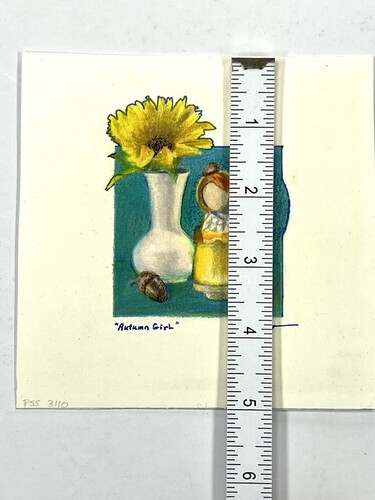 Pamela Sweet Colored Pencil & Ink Drawing Autumn Girl w/ Flower 5x5” Folk Art - Picture 8 of 10