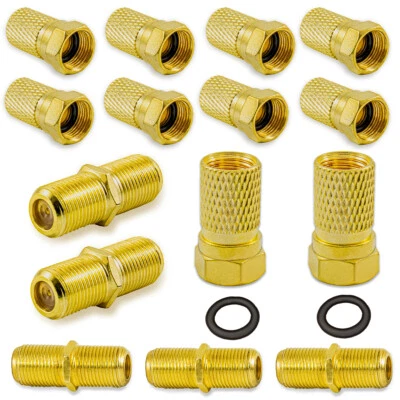 STERNDISCOUNT 10x F-Stecker 5x F-Verbinder vergoldet Sat Kabel Verlängerung SET F-Doppelbuchse