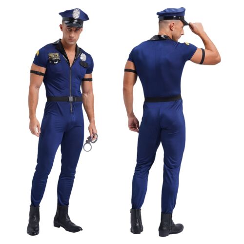 Mens Cop Costumes Short Sleeve Police Carnival Policeman Front Zipper Cosplay - Picture 1 of 11