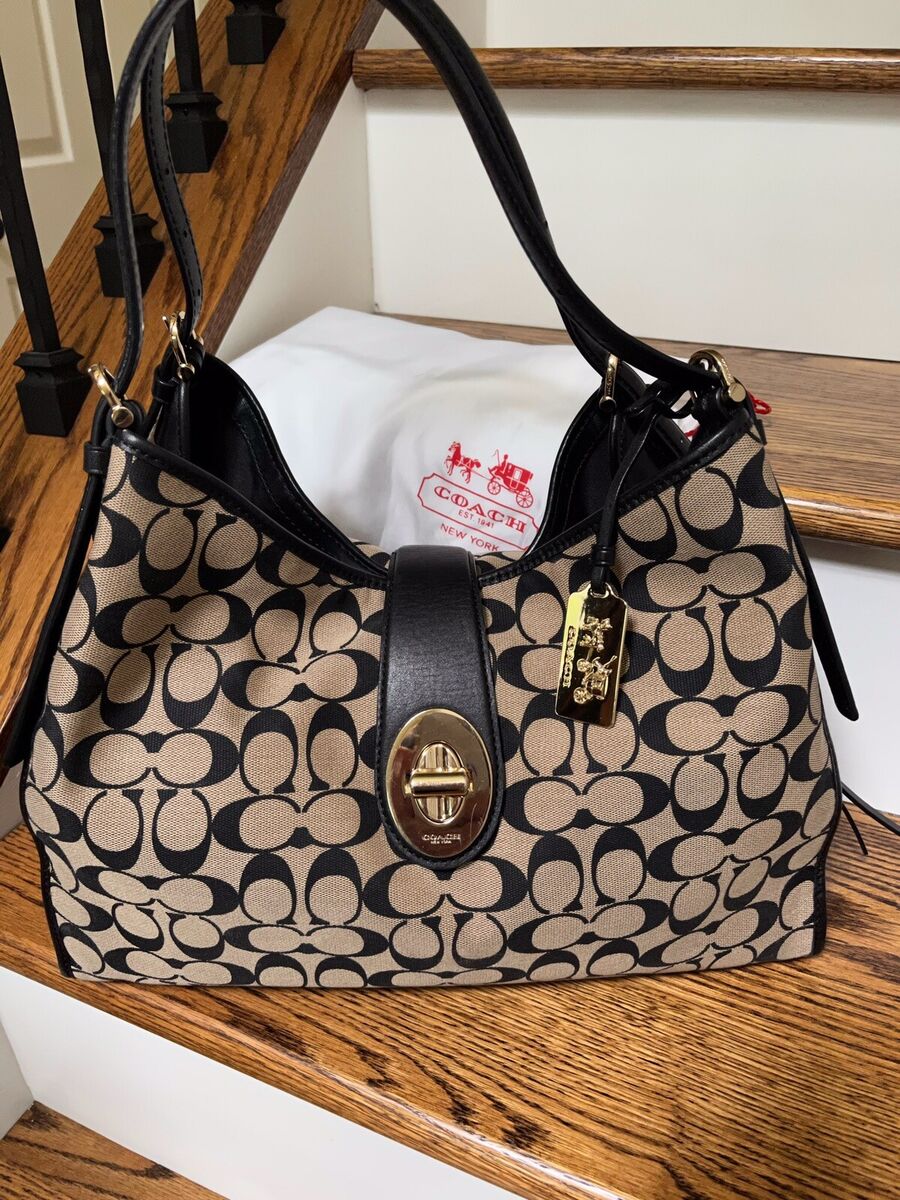 COACH SIGNATURE TURN LOCK CANVAS AND BLACK LEATHER SHOULDER COACH SIGNATURE TURN LOCK CANVAS AND BLACK LEATHER SHOULDER
