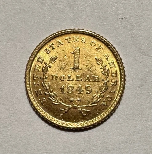 1849 Liberty Head Gold $1 Dollar, Open Wreath, Old US Gold Coin, XF/AU