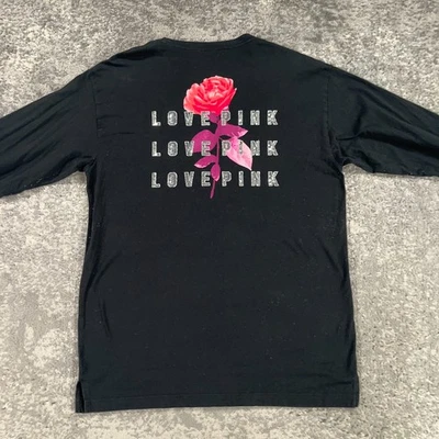 Victorias Secret Campus Shirt Womens Large Black Rose Love PINK Bling Floral Y2K - Image 1 of 4