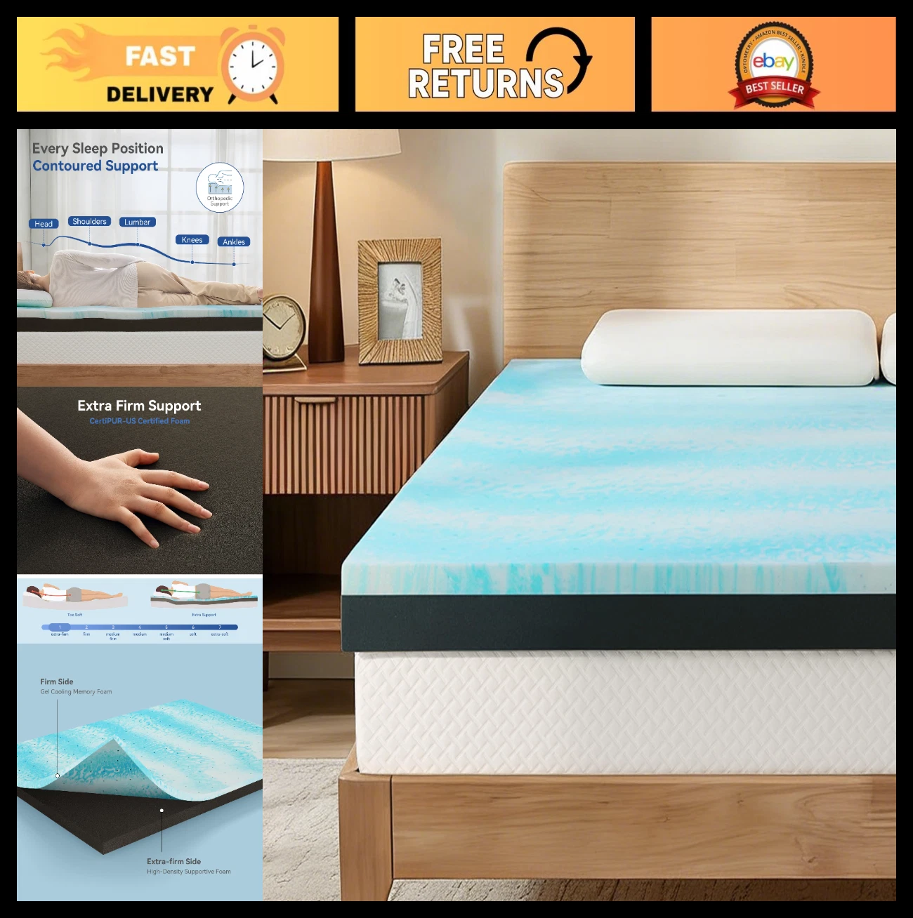 3" Twin Size Mattress Topper - Firm to Extra Firm Gel Memory Foam, Pain Relief,