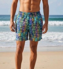 Vintage 90s Sea Waves Geometric Hawaiian Swim Trunks Excellent Condition Sz L