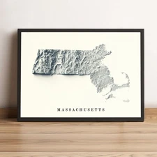 Massachusetts Map, Massachusetts 2D Relief Map- 2D Flat Print