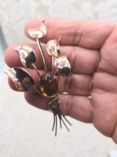 Sterling by Jordan Gold Vermeil Brooch Large Pin Glass Cabochon Signed 1940s - Picture 7 of 11