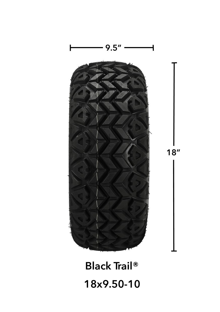(4) Golf Cart 18x9.50-10 Black Trail A/T Tires on 10x7 Chrome Vampire Wheels