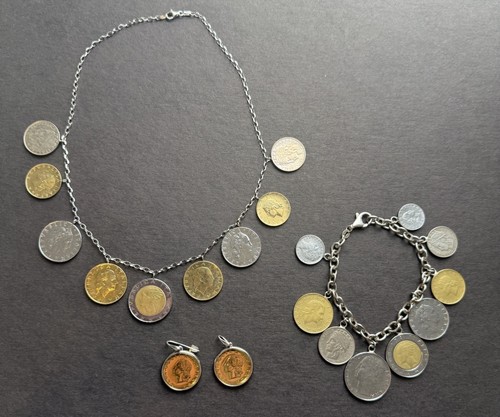 Milor Lirm Italy 925 Sterling Silver Coin Necklace Bracelet Earrings Set