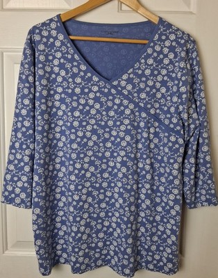 CUDDLE DOWN 2X Blue Mock Wrap White Textured Dandelions 3/4 Sleeve V Neck Top 