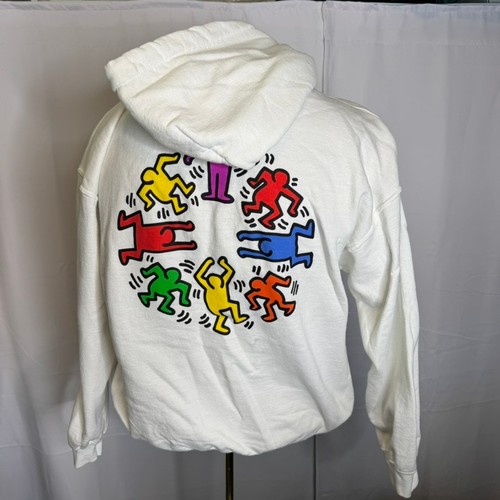 Keith Haring weißer Hoodie tanzende Figuren Grafik Pullover Kunst Sweatshirt Large - Bild 2 von 10