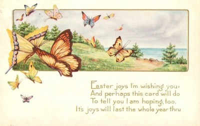 Easter Verse Postcard Embossed Antique 1920 Springtime Butterflies over Fields N