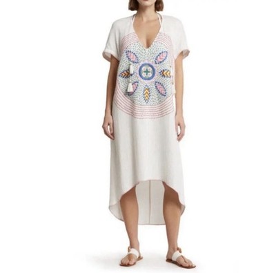ALICIA BELL Cocoon Embroidered Cotton & Silk Cover-Up Kaftan Maxi Dress Sz L