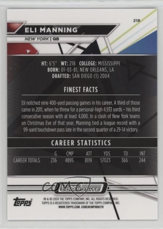 2023 Composite Topps Finest Black & Red Geometric Refractor /15 Eli Manning #218 - Image 2 of 2