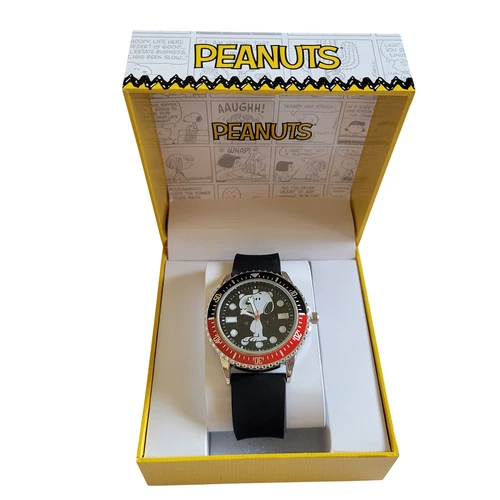 Mens Accutime Peanuts Snoopy Bezel Rubber Strap Watch in Gift Box