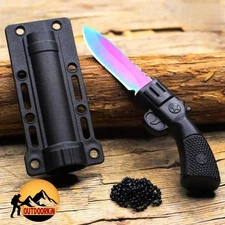 Fixed Blade SURVIVAL NECK Knife RAINBOW Tactical Pistol Style Hunting + Sheath