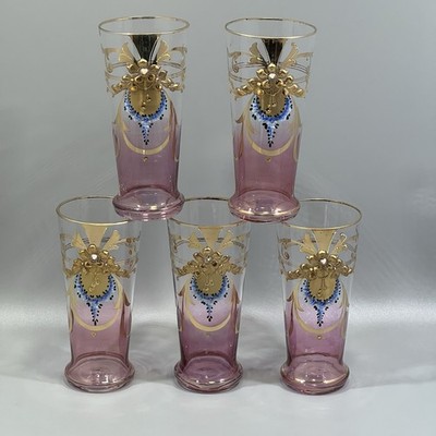 5 Antique Check Bohemian Moser Hand Painted Flowers Pink and Clear Glass Goblet