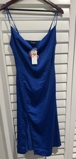 NWT Cider Solid Cowl Neck Slit Midi Dress Blue Satin Slip L