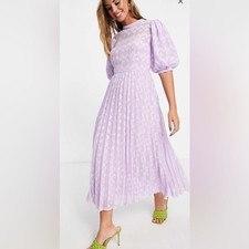 ASOS DESIGN high neck pleated chevron textured midi dress with puff sleeve