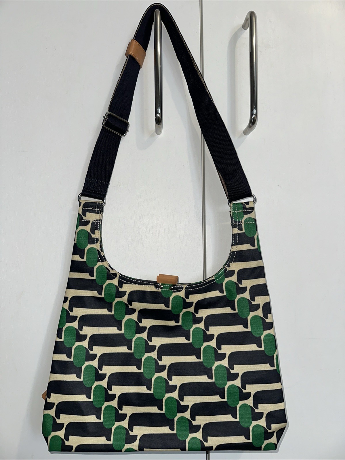 Orla Kiely.  Midi Sling Crossbody Bag Best In Show sausage dog. Dachshund. Green