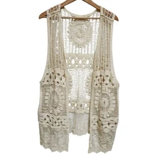 Womens Crochet Vest OS Beige Crochet Lace Hem Sleeveless Open Front Boho Hippie
