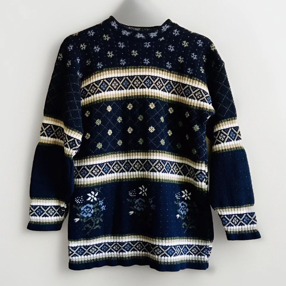 Suéter Grandmacore Vintage Edición Básica Azul Floral Años 90 Y2K De Gran Tamaño Mediano Foto 3 de 4